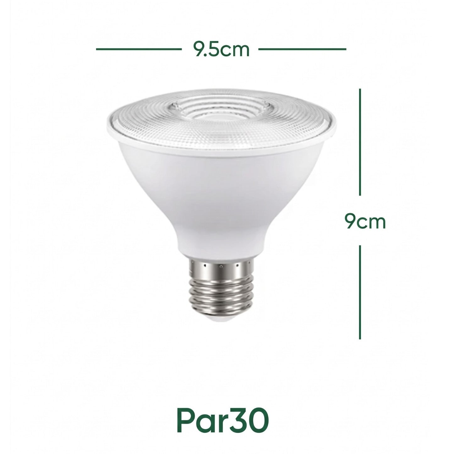 A white PAR30 LED parabolic light bulb with a silver E10 screw base, shown with green dimension lines indicating a height of 9cm, a top diameter of 9.5cm, and the model name 'Par30' at the bottom.