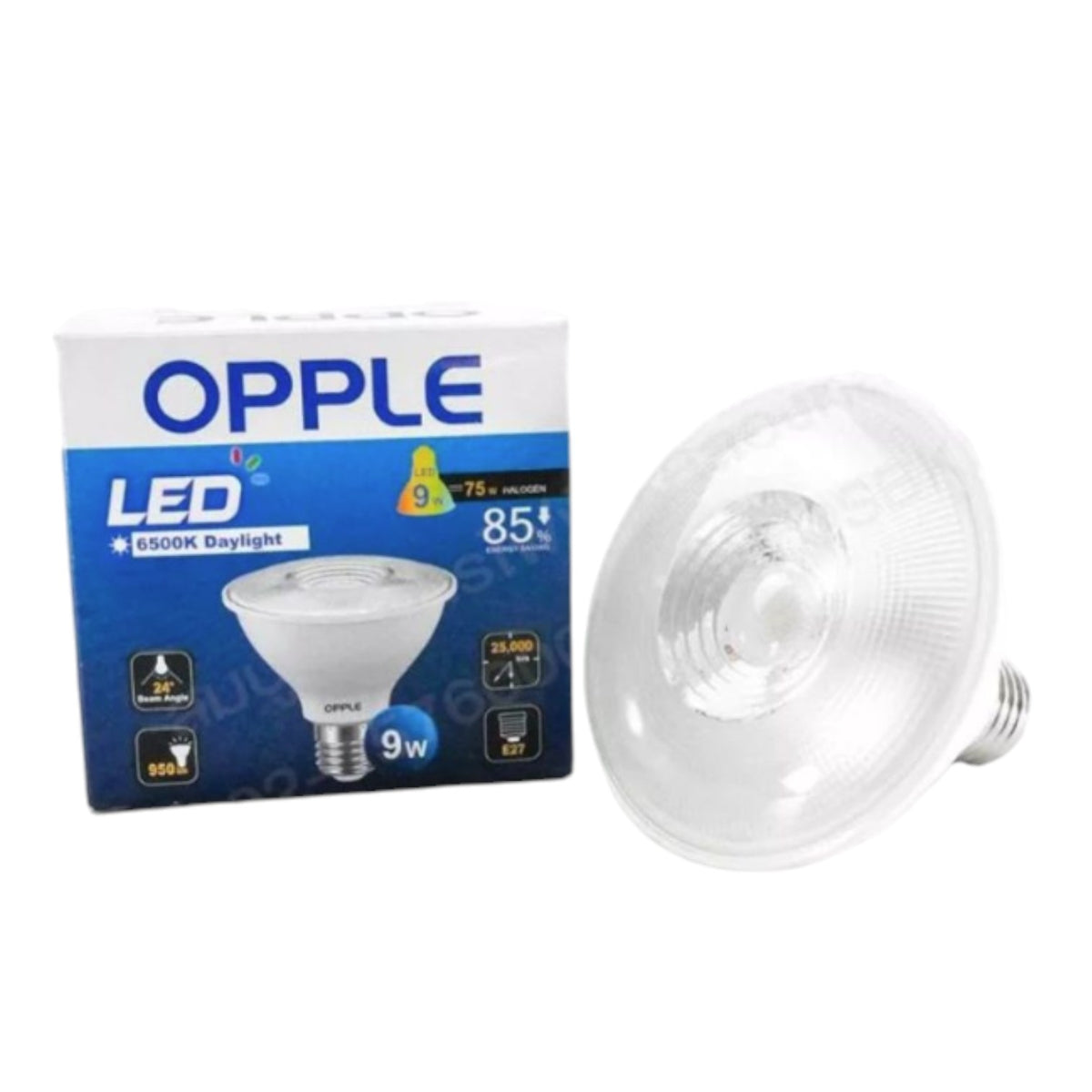 An OPPLE LED PAR30 spotlight bulb shown next to its blue and white retail packaging box on a plain white background.