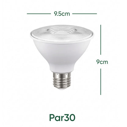 A white PAR30 LED parabolic light bulb with a silver E10 screw base, shown with green dimension lines indicating a height of 9cm, a top diameter of 9.5cm, and the model name 'Par30' at the bottom.