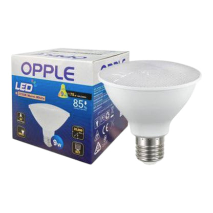 An LED PAR30 spotlight bulb with a silver E10 screw base shown next to its blue and white OPPLE brand retail box on a white background.