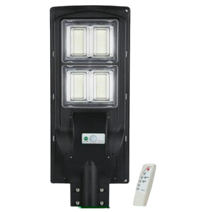 Black solar street light with integrated LED panels and a separate white remote control, shown on a plain white background.