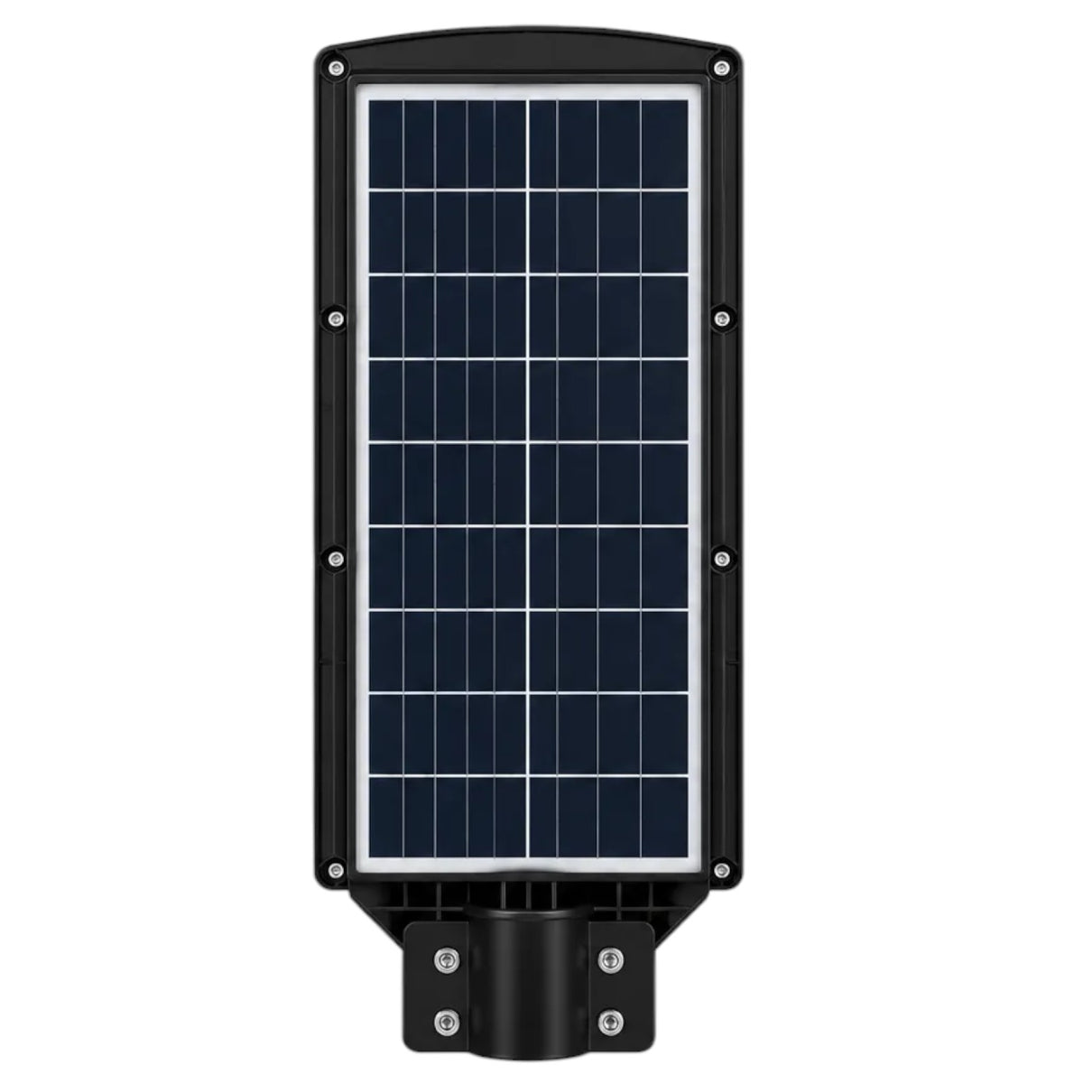 A vertical solar-powered street light fixture with a large dark blue solar panel on a black housing, shown against a plain white background.