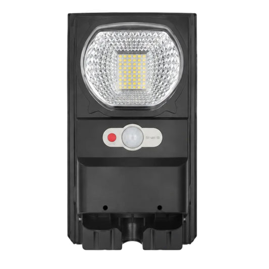 A black solar-powered LED street light with a circular clear lens, a central yellow LED chip, a red power button, and a white motion sensor button with a green brand label, isolated on a white background.