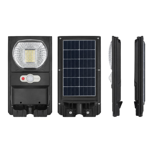 A solar-powered LED street light shown from multiple angles on a plain white background. The front view shows the light head with a clear lens, a red and white control button, and a central sensor.