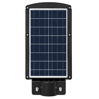 A solar-powered outdoor light fixture with a rectangular dark blue solar panel enclosed in a black metal frame, mounted on a black bracket against a plain white background.