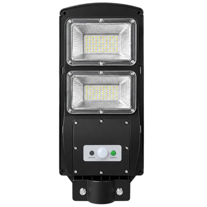 A black dual-head LED street light with a motion sensor panel, shown against a plain white background.