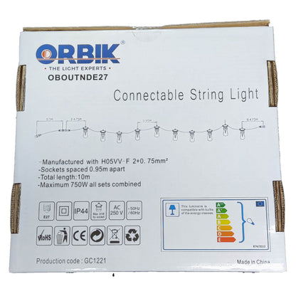 Orbik connectable string light packaging on a white background