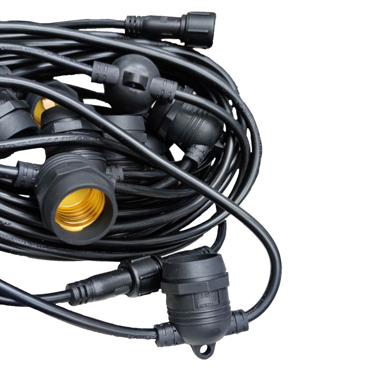 Coiled black cable with connectors on a white background