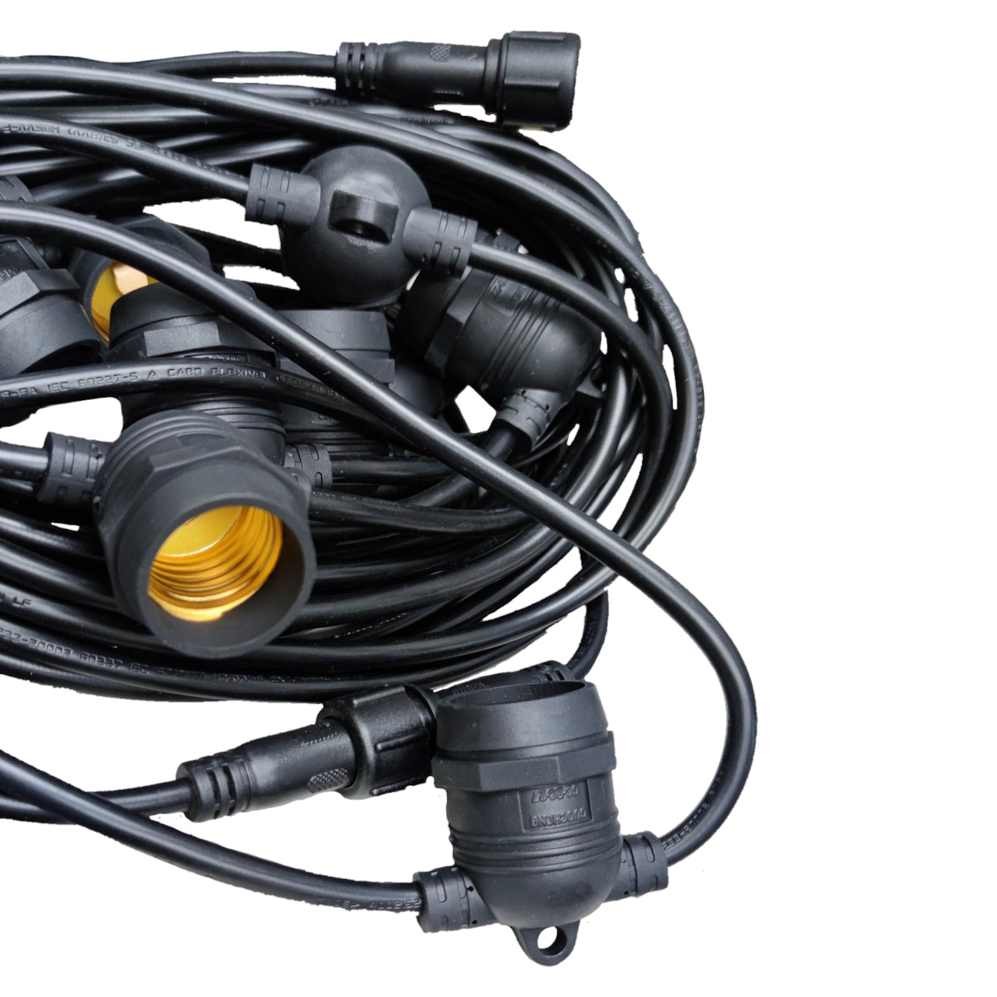 Coiled black cable with connectors on a white background