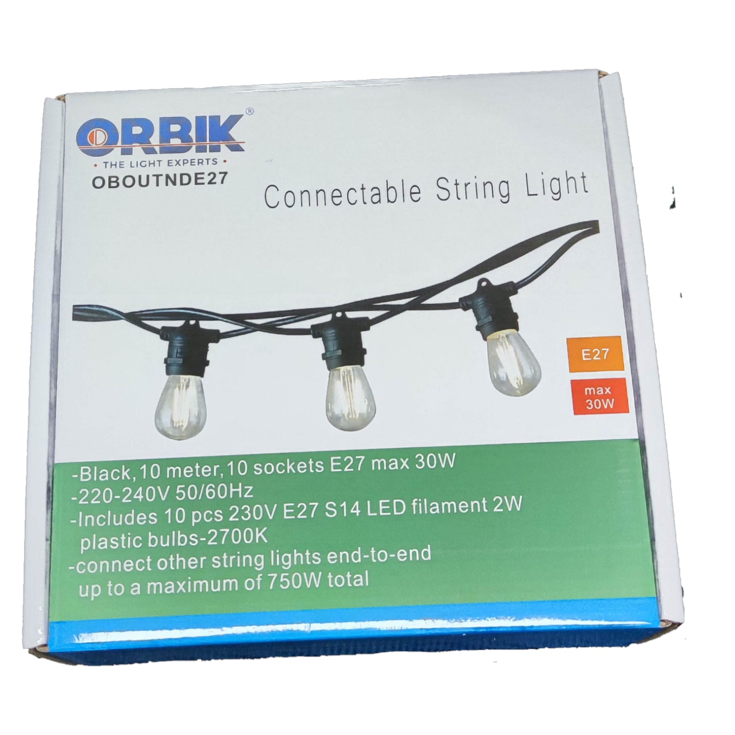 Box of Orbik connectable string light with product details on a white background