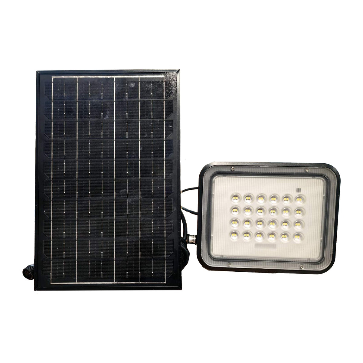 A solar-powered LED light fixture set consisting of a rectangular black solar panel and a square black LED light with a clear front cover, shown on a plain white background.