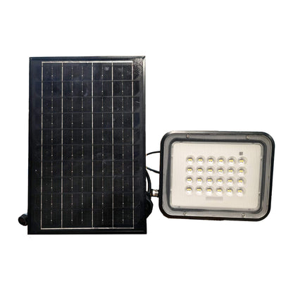 A solar-powered LED light fixture set consisting of a rectangular black solar panel and a square black LED light with a clear front cover, shown on a plain white background.