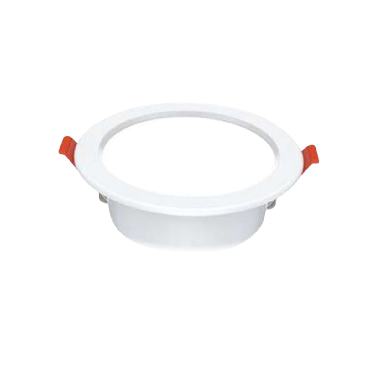 A white recessed ceiling light downlight with small orange-red plastic tabs on the sides, shown on a plain white background.