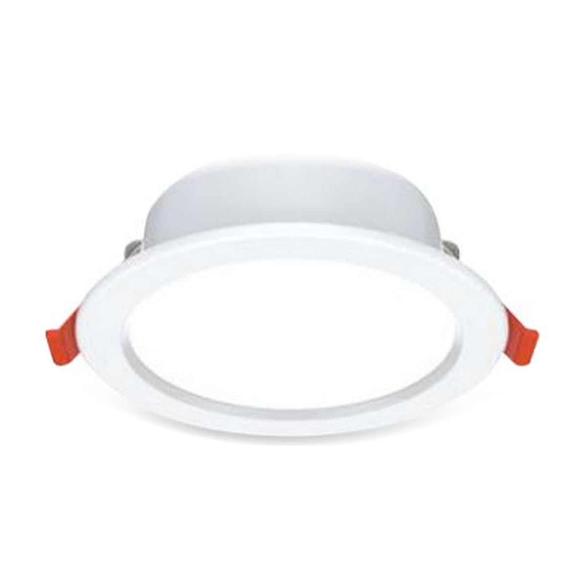A white recessed LED downlight fixture with red spring clips, shown from a top-down perspective on a solid white background.