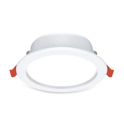 A white recessed LED downlight fixture with red spring clips, shown from a top-down perspective on a solid white background.