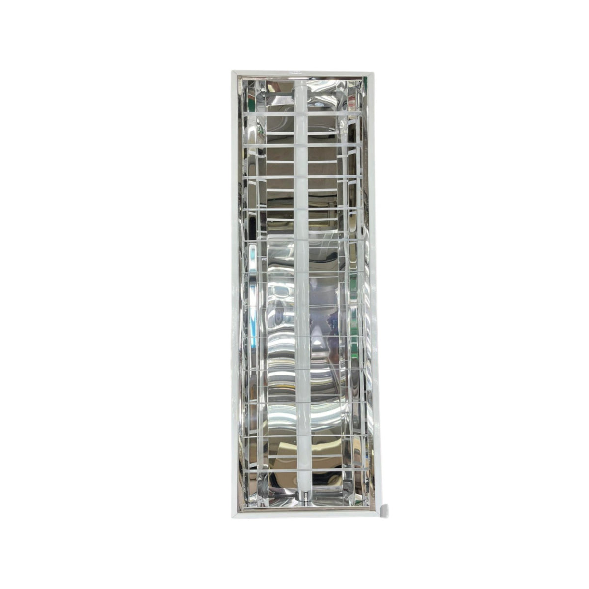 A tall, narrow rectangular mirror with a reflective silver frame and a central vertical handle, shown against a plain white background.