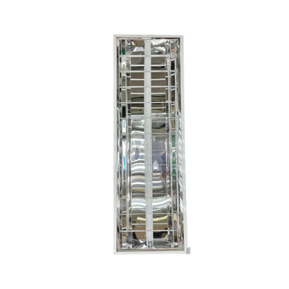 A tall, narrow rectangular mirror with a reflective silver frame and a central vertical handle, shown against a plain white background.