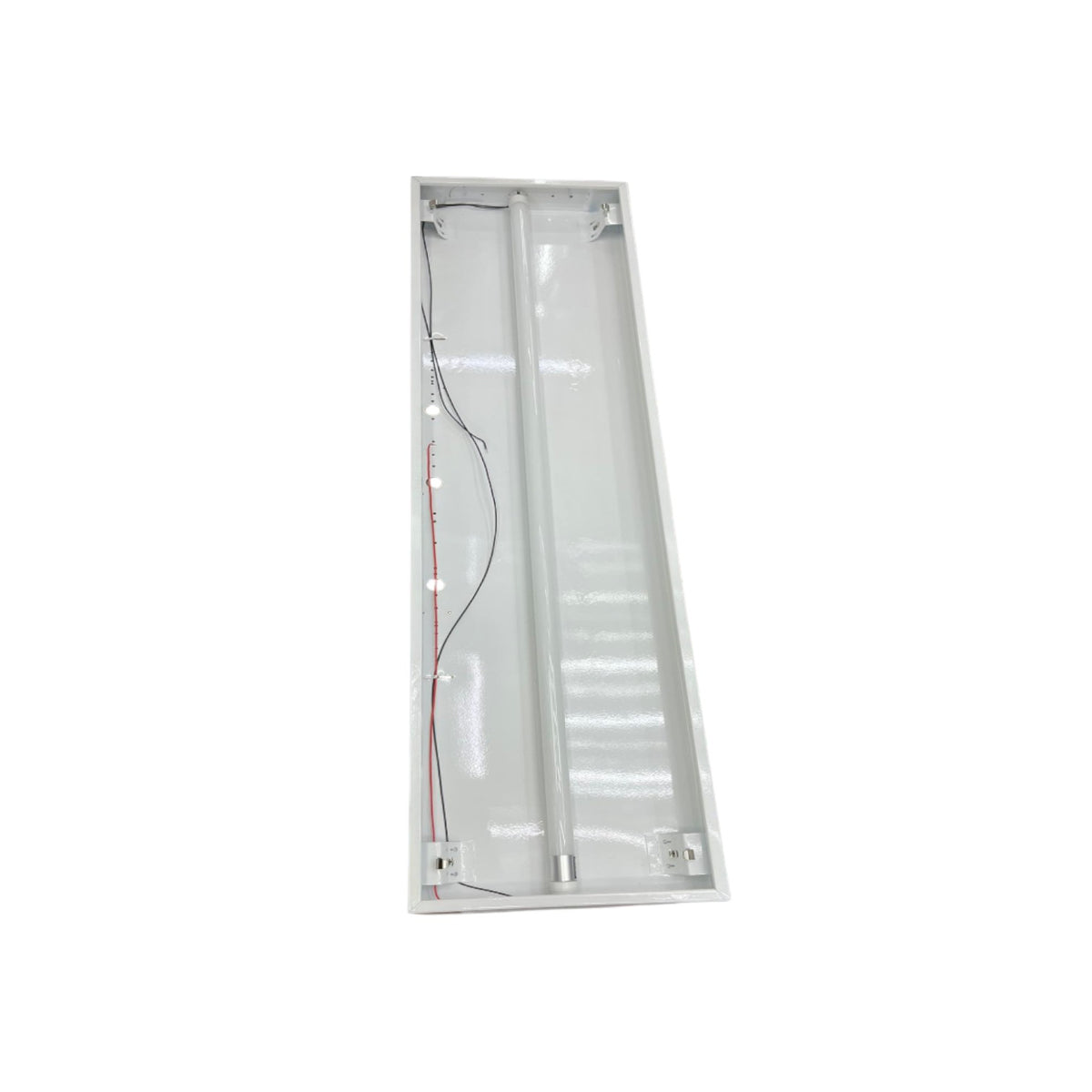 A long, narrow white rectangular light fixture or enclosure with a central tube, visible internal wiring, and mounting points, shown on a plain white background.