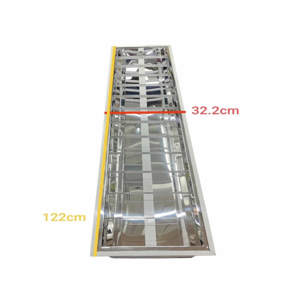A long rectangular stainless steel frame with a reflective glass or metal surface, shown on a white background with overlaid dimension labels reading 122cm, 32.2cm, and a yellow side marker.