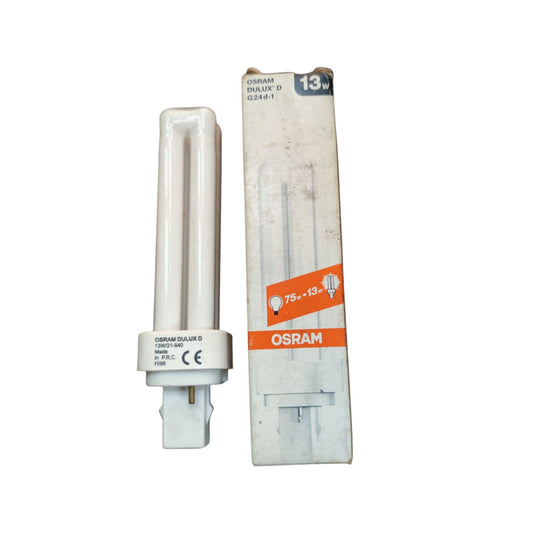 An Osram CFL light bulb next to its original cardboard packaging box, shown against a plain white background.