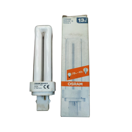 An OSRAM CFL light bulb next to its original retail packaging box, shown on a plain white background.