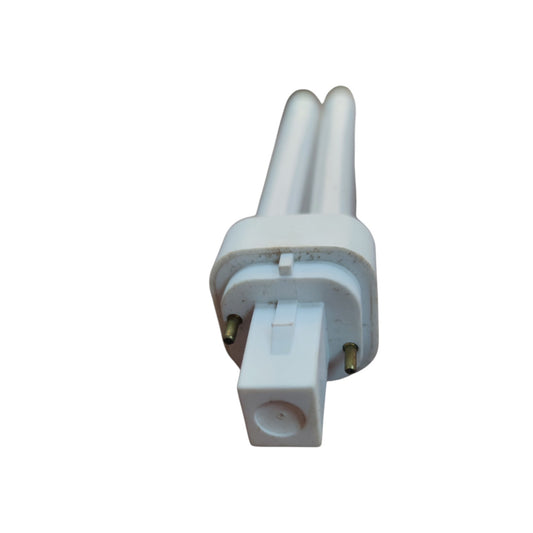 A white double-tube fluorescent light bulb with a plastic base and two metal pins, shown against a plain white background.