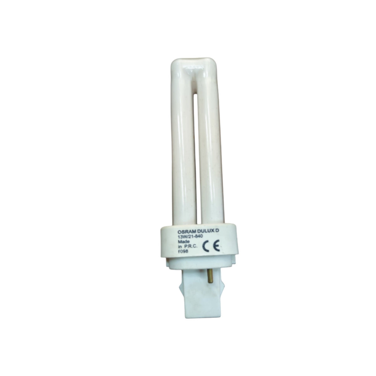 A compact U-tube fluorescent light bulb with a white glass tube and a white plastic base, featuring printed specifications and CE certification marks.