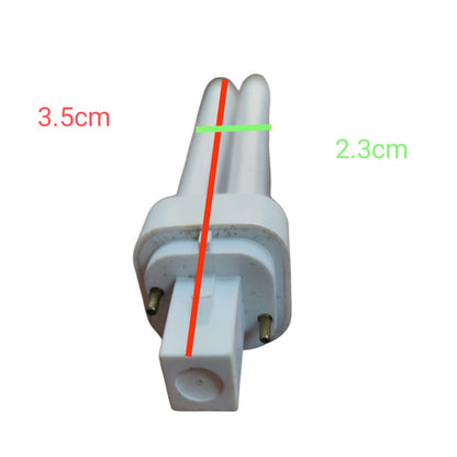 A white plastic twin-socket tube light bulb shown on a plain white background with red and green measurement labels indicating 3.5 cm length and 2.