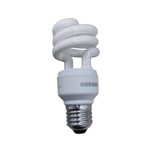 An OSRAM spiral compact fluorescent light bulb with a white glass spiral tube and a silver metal screw base, shown against a plain white background.