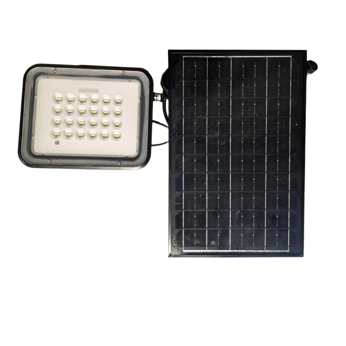 A rectangular solar-powered LED light fixture with a black frame and white diffuser, shown next to a black solar panel on a plain white background.