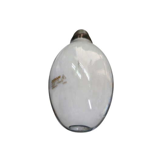 A clear glass oval lampshade with a silver metal screw base, featuring a small gold printed brand label that reads 'OSRAM'.