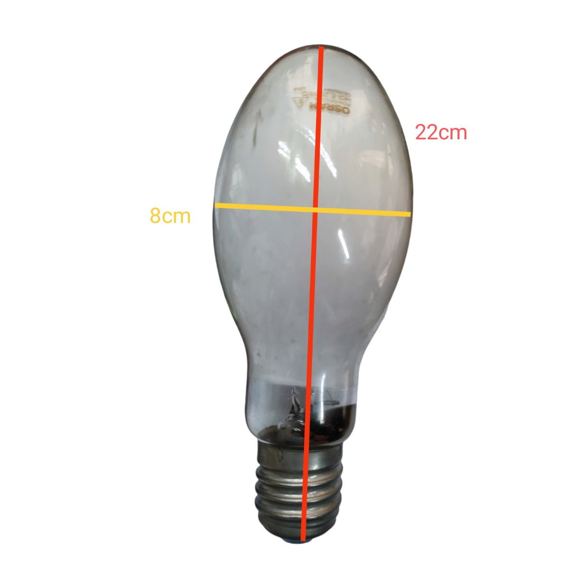 A clear incandescent light bulb with an Edison screw base, shown on a white background with red and yellow dimension lines and text indicating 22cm height, 8cm width, and 14cm filament length.
