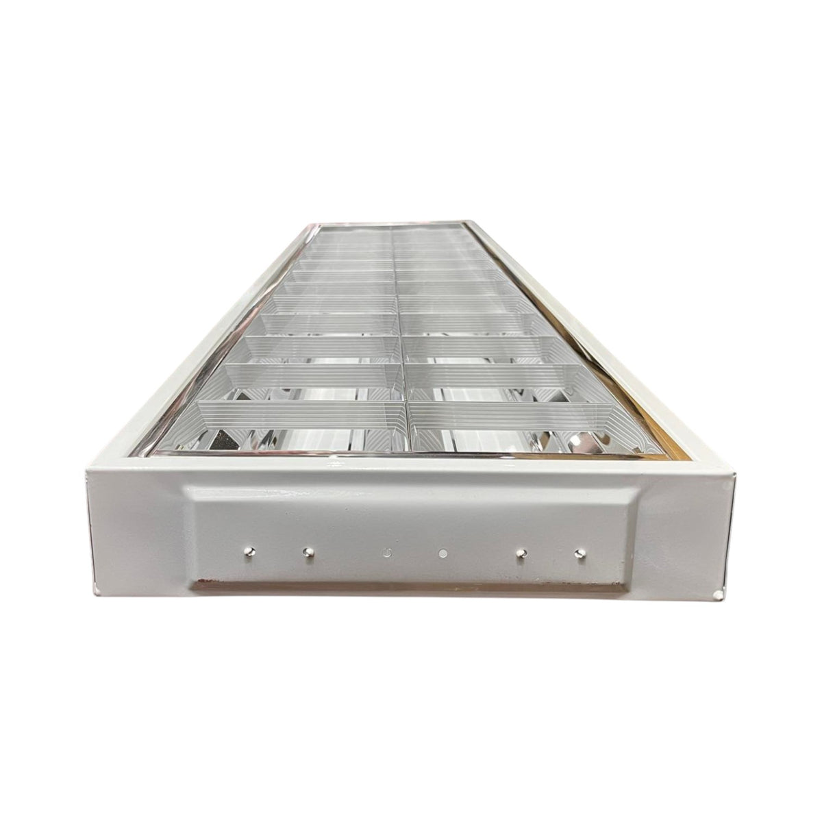 A long, rectangular metal light fixture or industrial lamp housing with a clear gridded glass cover and a silver metal frame, shown on a plain white background.
