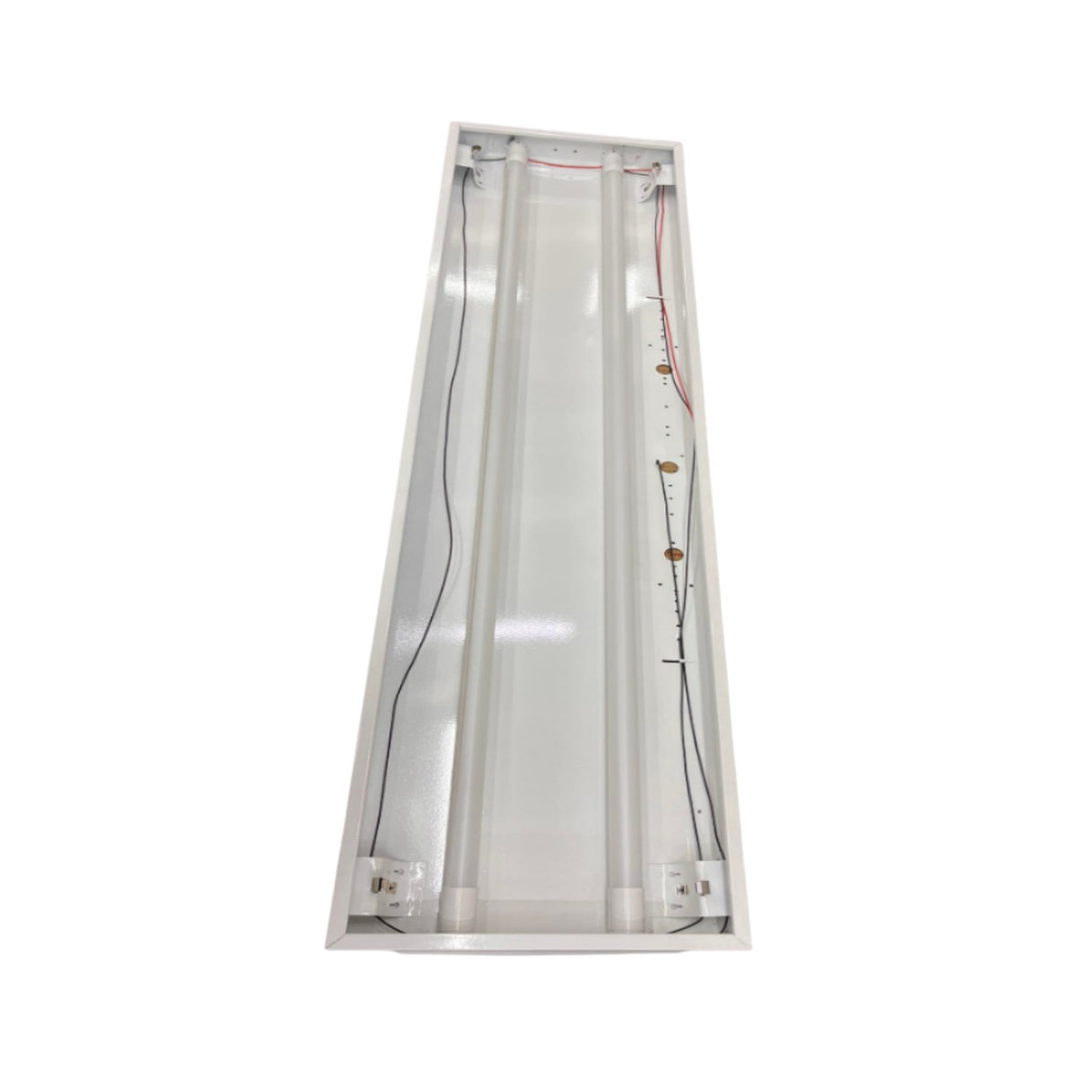A long rectangular LED light fixture with a white metal frame, two fluorescent tubes, and visible wiring on a plain white background.
