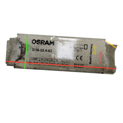 An Osram light bulb socket or electronic component on a white background, with red, green, and yellow measurement lines and text indicating dimensions of 12.3cm, 4.