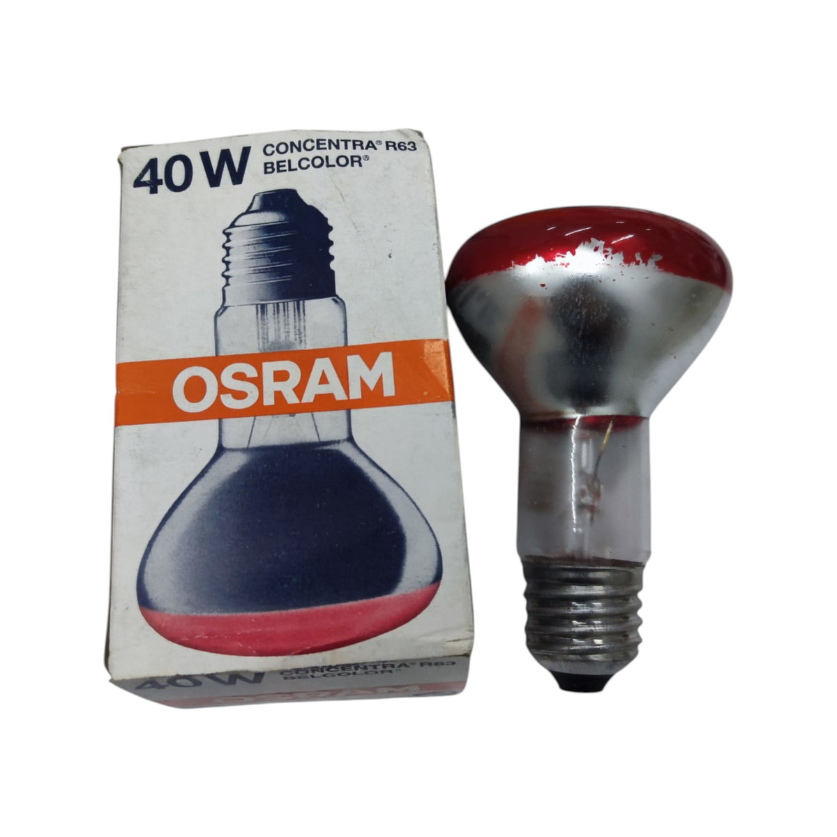 An OSRAM 40W Concentra R63 Belcolor light bulb with its original cardboard packaging box, displayed on a clean white background.