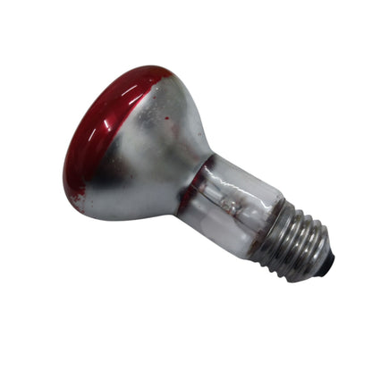 A vintage-style glass light bulb with a silver metal base and a red-tinted glass envelope, shown against a plain white background.