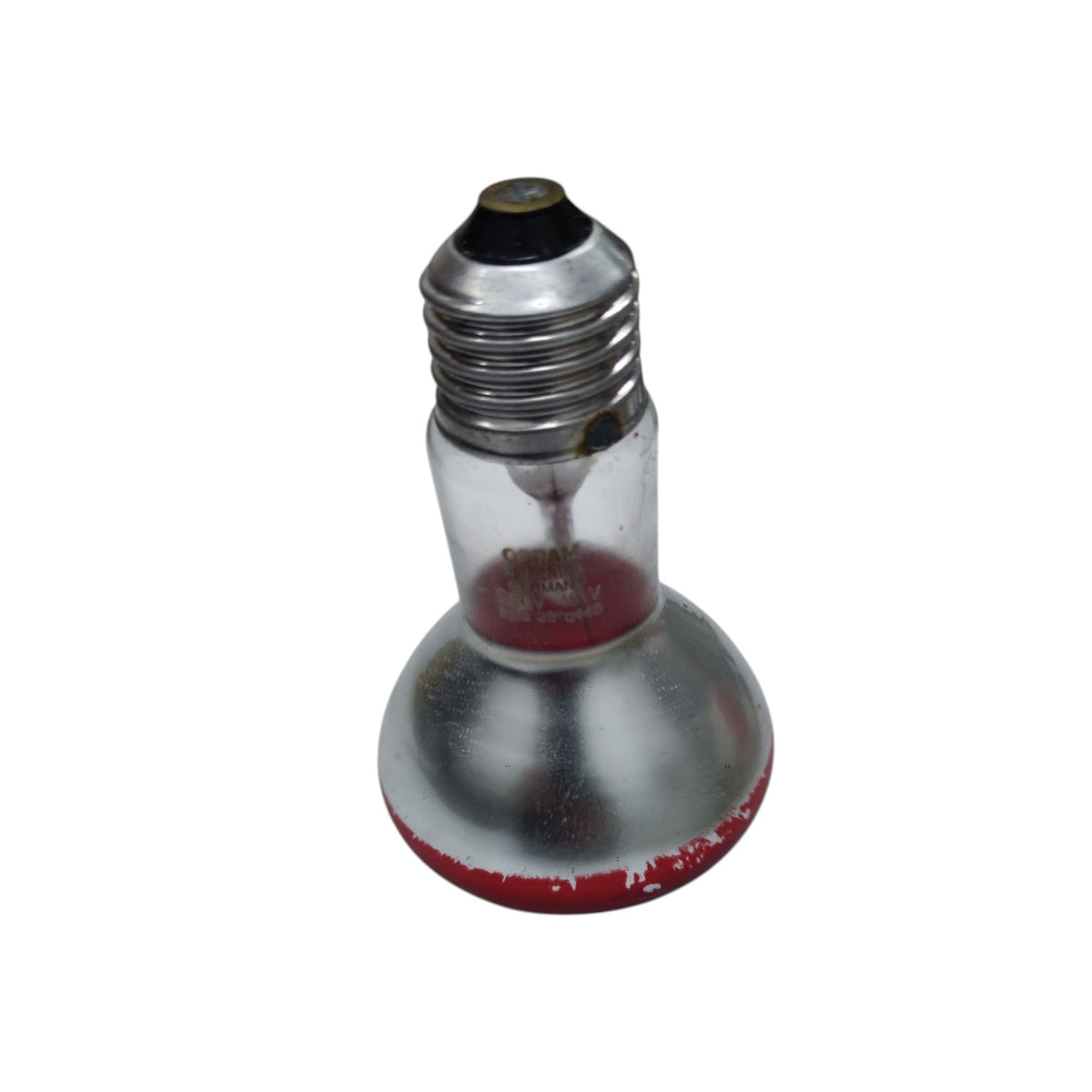 A single incandescent light bulb with a silver metal screw base, clear glass envelope, red interior coating, and a red-painted bottom rim, isolated on a white background.