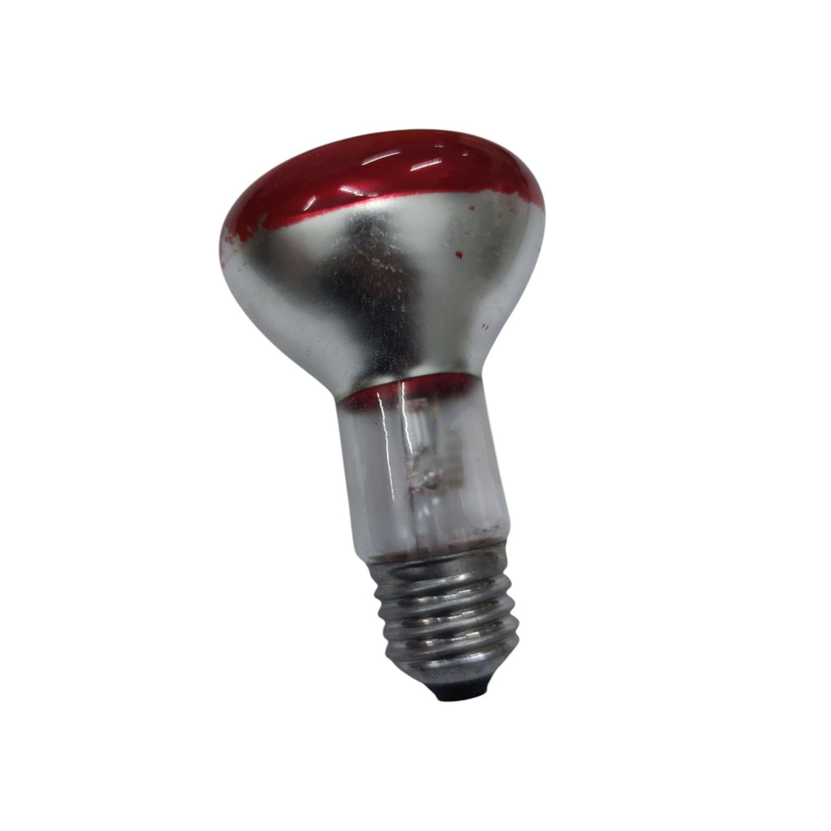 A vintage-style dome-shaped light bulb with a reflective silver metallic body, a red painted top section, and a clear glass neck leading to a silver screw base, isolated on a white background.