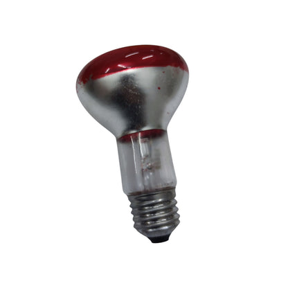 A vintage-style dome-shaped light bulb with a reflective silver metallic body, a red painted top section, and a clear glass neck leading to a silver screw base, isolated on a white background.