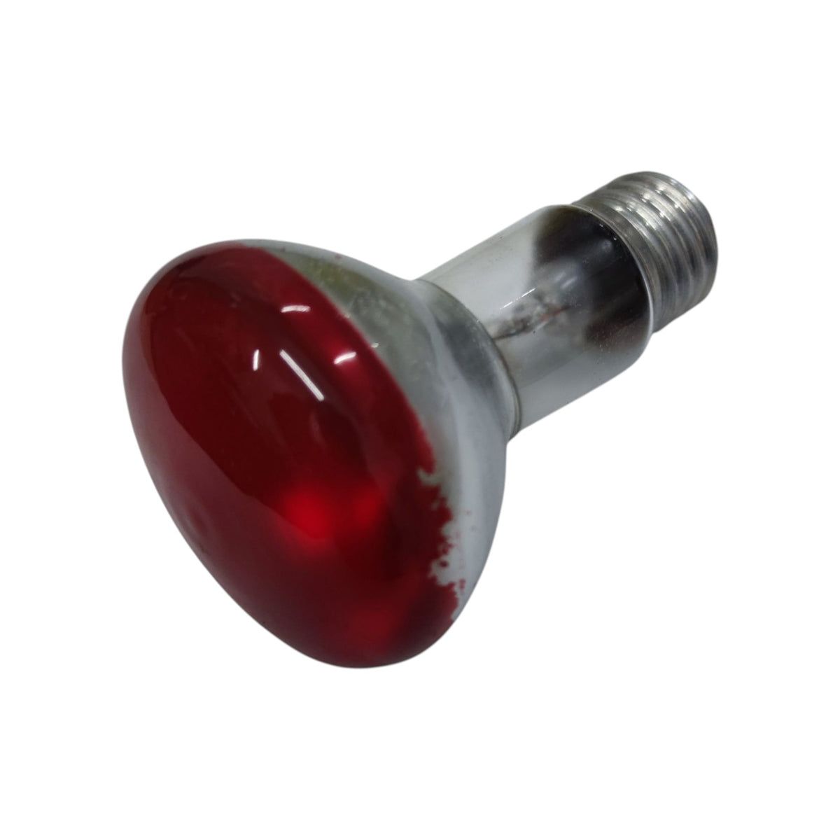 A red Fresnel lens spotlight light bulb with a silver metal screw base, shown on a plain white background.
