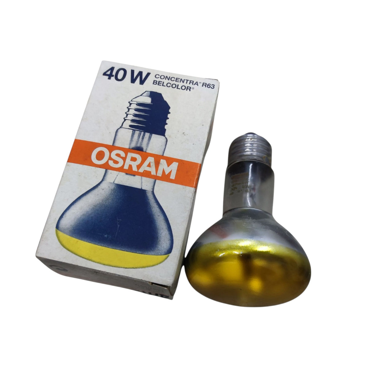 An OSRAM 40W Concetra R63 halogen light bulb next to its original white cardboard packaging box, shown on a plain white background.
