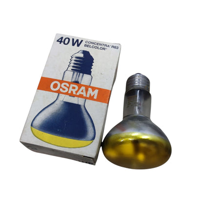 An OSRAM 40W Concetra R63 halogen light bulb next to its original white cardboard packaging box, shown on a plain white background.