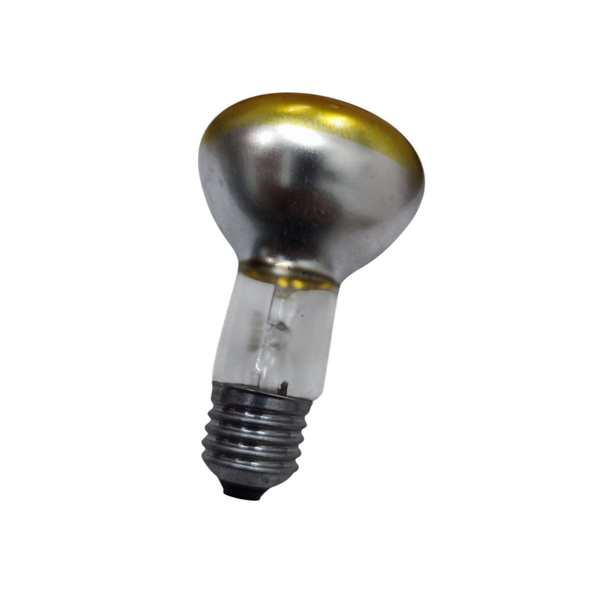 A single incandescent light bulb with a dome-shaped silver glass envelope, a gold-colored top section, and a threaded screw base, shown against a plain white background.