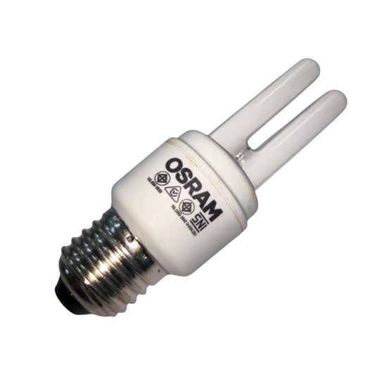 An OSRAM UHP compact fluorescent light bulb with a two-pin dual-flush design and a silver E14 screw base, shown on a plain white background.