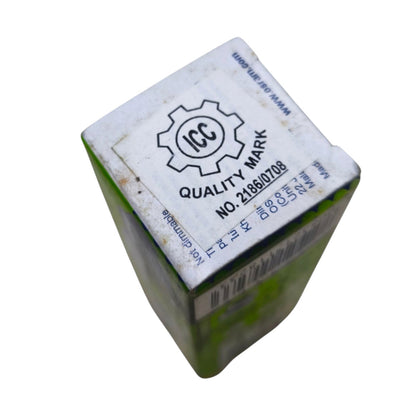 A small rectangular product box shown at an angle on a plain white background. The top is mostly white with a printed black 'ICC Quality Mark' logo and text, and the sides are green with a barcode visible.