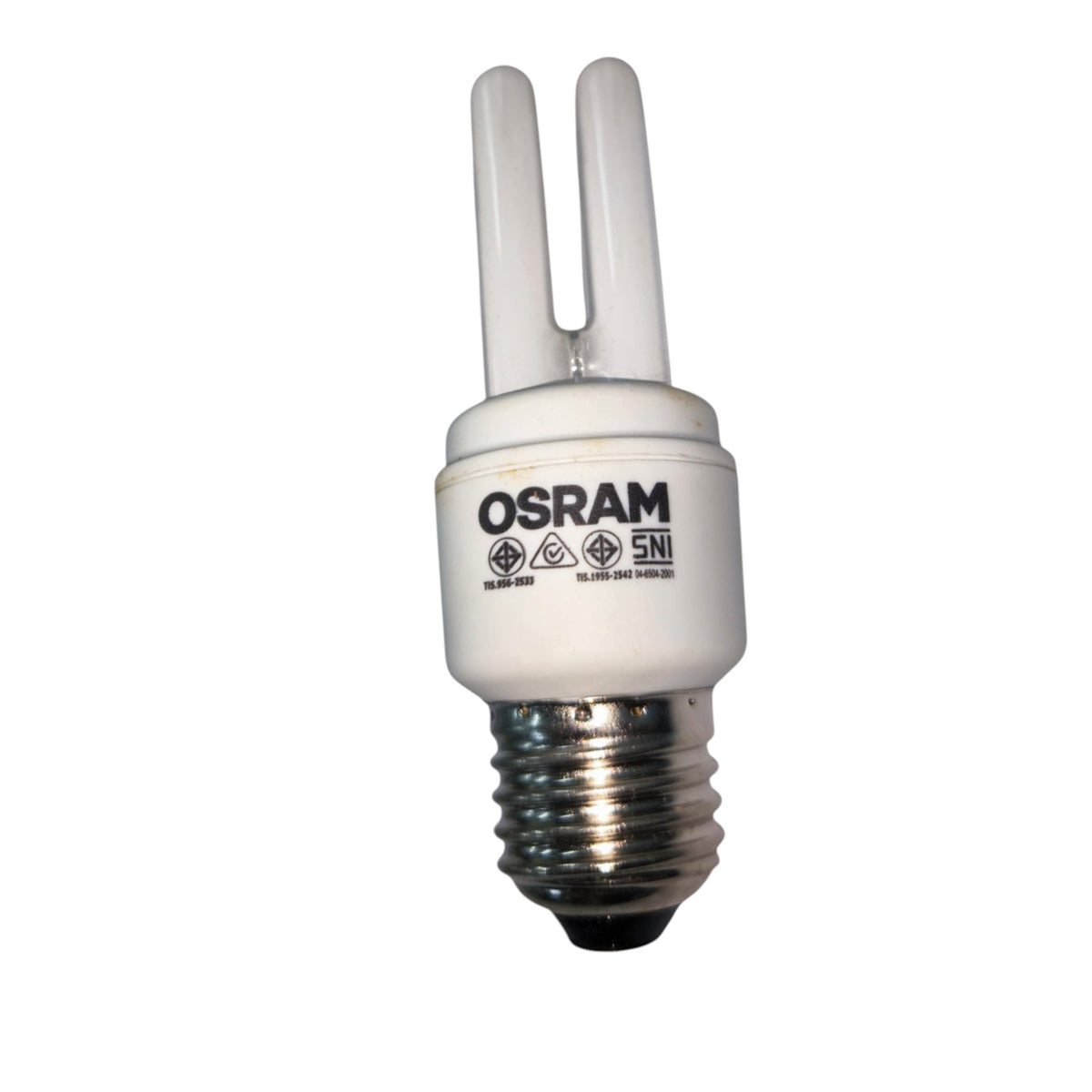 An OSRAM CFL compact fluorescent light bulb with a white double-prong tube, a white ceramic body with black printed branding, and a silver-colored metal E10 screw base, shown against a plain white background.