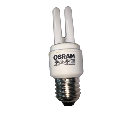 An OSRAM CFL compact fluorescent light bulb with a white double-prong tube, a white ceramic body with black printed branding, and a silver-colored metal E10 screw base, shown against a plain white background.