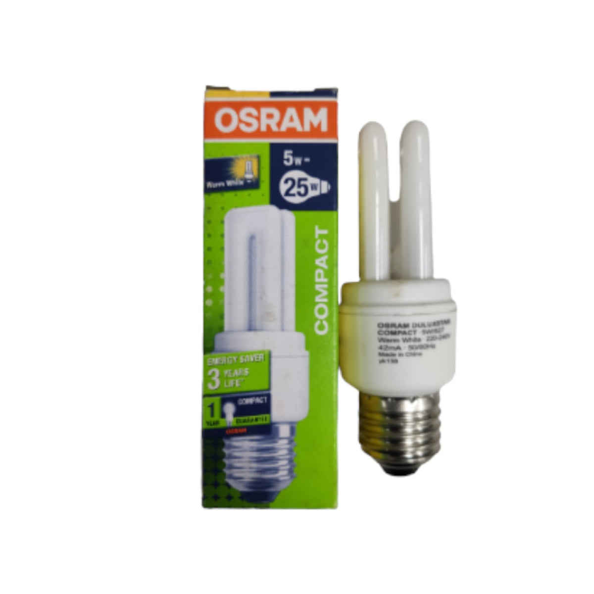 An OSRAM Compact CFL compact fluorescent light bulb next to its green and orange retail packaging box, set against a plain white background.