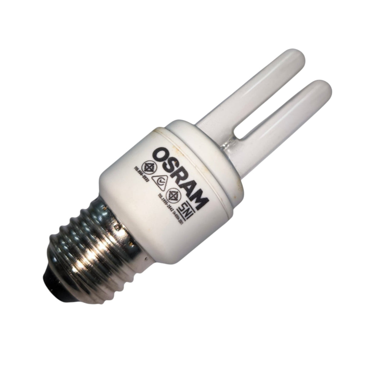 An OSRAM CFL compact fluorescent light bulb with a dual-pronged tube and a silver E14 screw base, shown on a plain white background.
